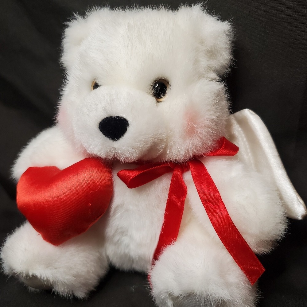 1997 Avon Valentines Bear Plush Stuffed Animal White Teddy Bear Angel Wings 7"